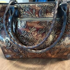 Floral Embossed Brown Leather Bag